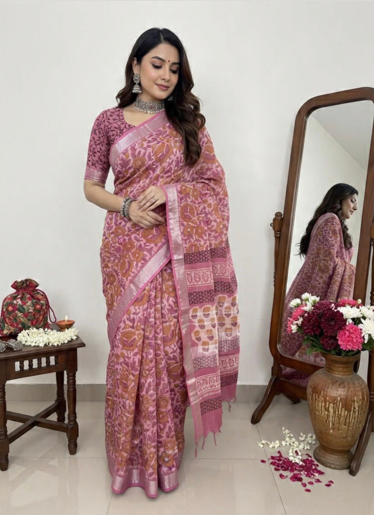 LINEN HANDLBLOCK PRINT SAREE 5.5 M