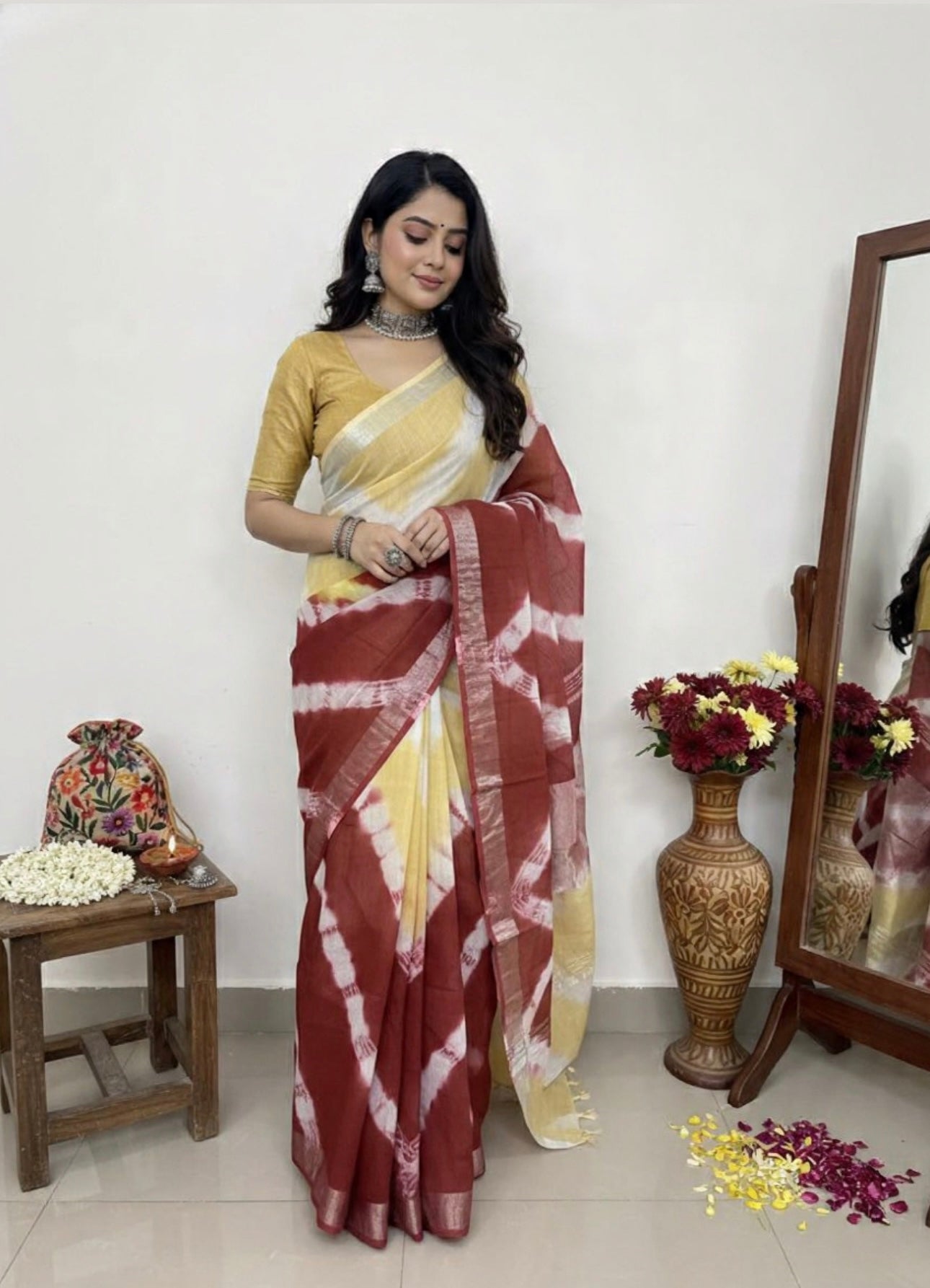 LINEN HANDLBLOCK PRINT SAREE 5.5 M