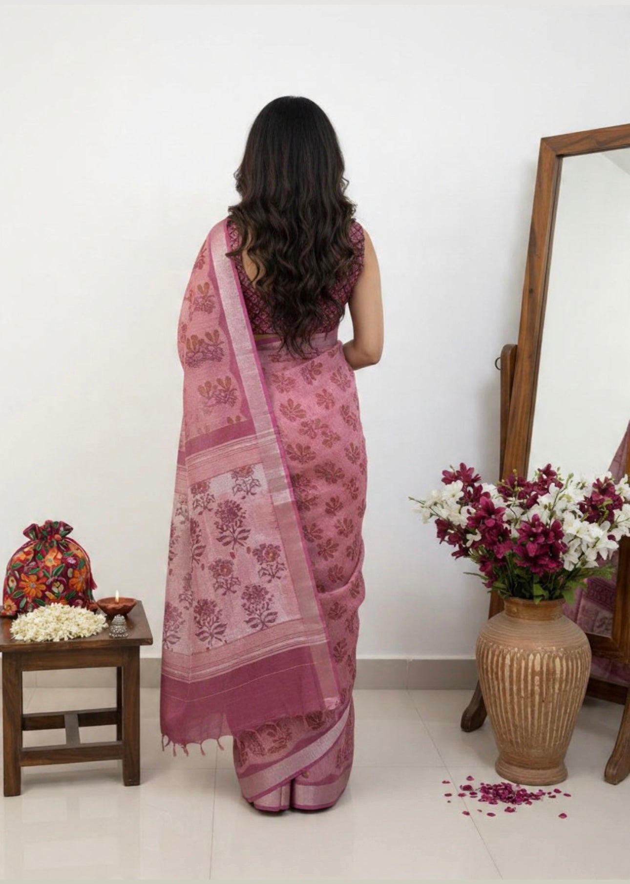 LINEN HANDLBLOCK PRINT SAREE 5.5 M