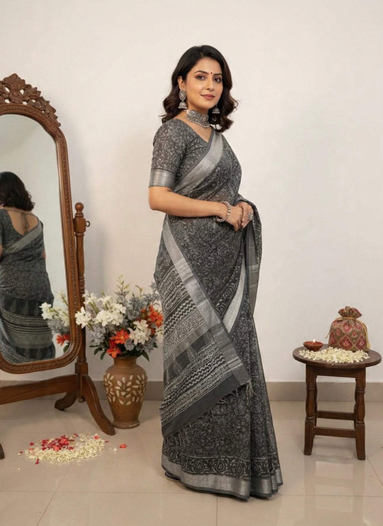 LINEN HANDLBLOCK PRINT SAREE