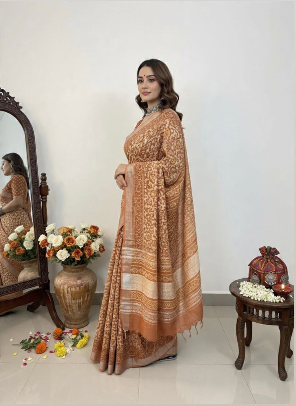 LINEN HANDLBLOCK PRINT SAREE 5.5 M