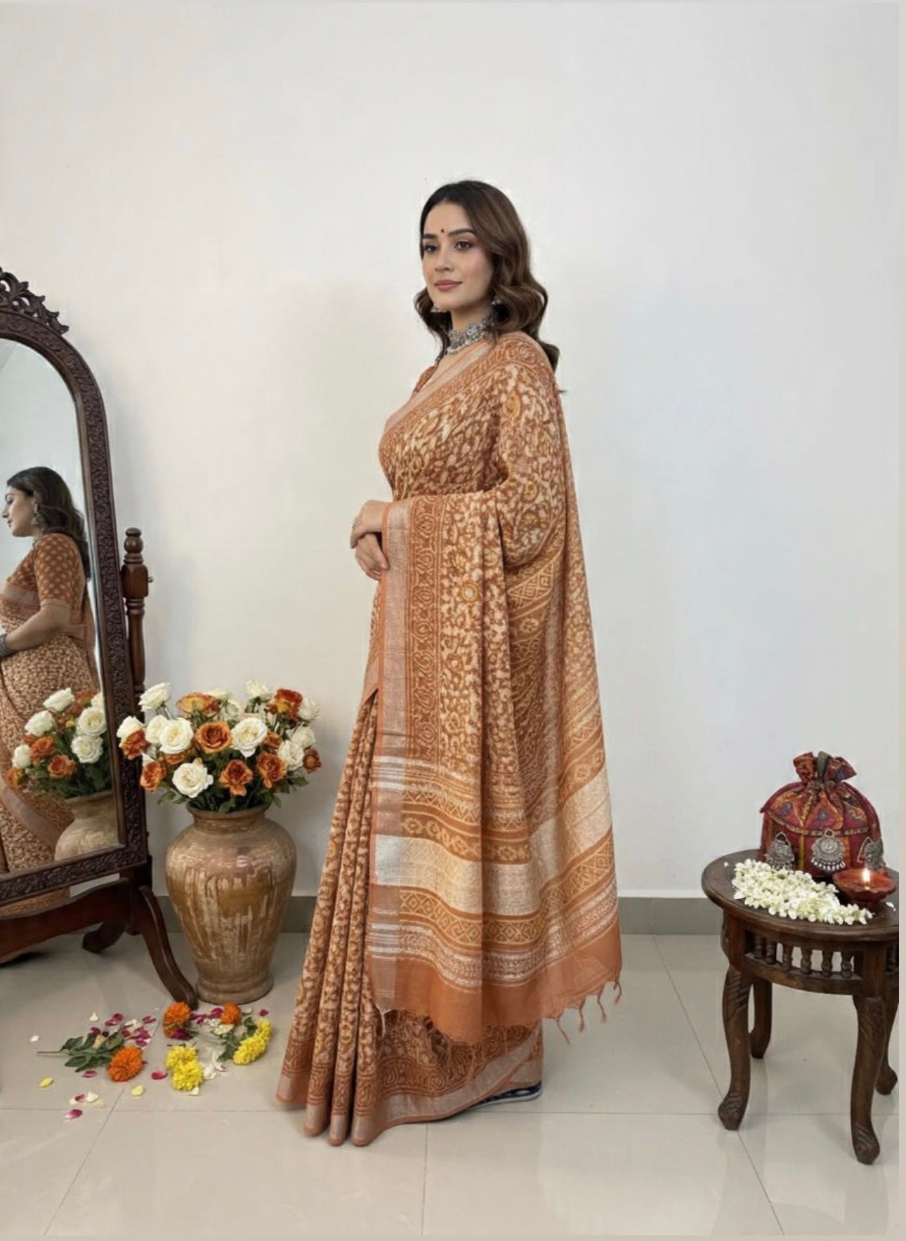 LINEN HANDLBLOCK PRINT SAREE 5.5 M