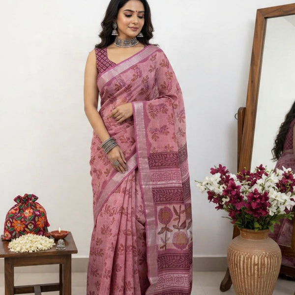 LINEN HANDLBLOCK PRINT SAREE