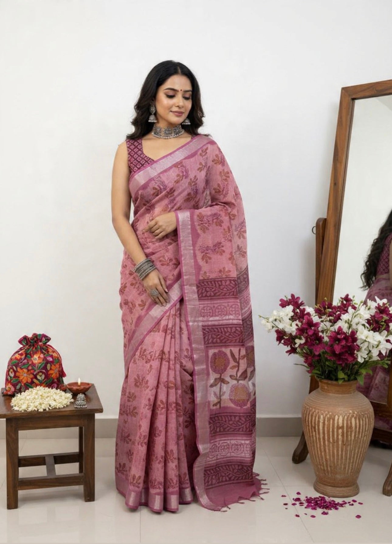 LINEN HANDLBLOCK PRINT SAREE 5.5 M