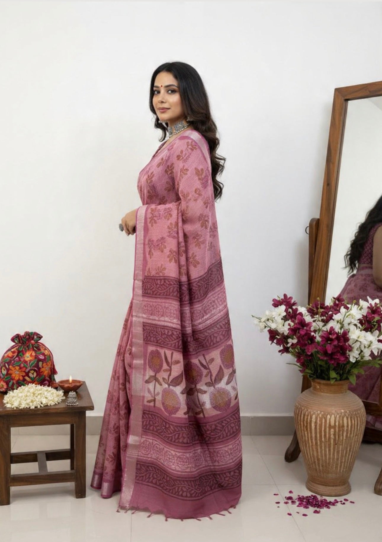 LINEN HANDLBLOCK PRINT SAREE
