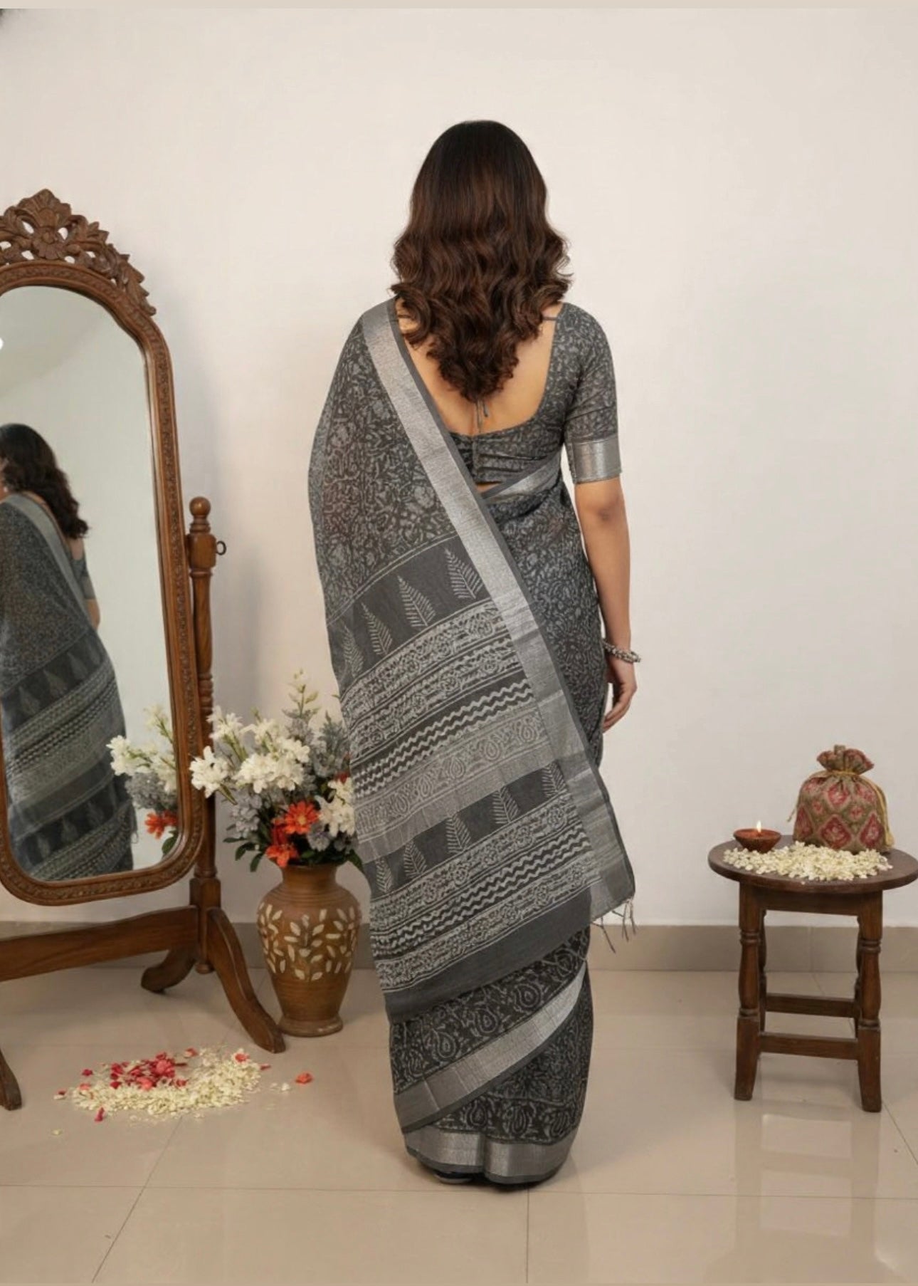 LINEN HANDLBLOCK PRINT SAREE