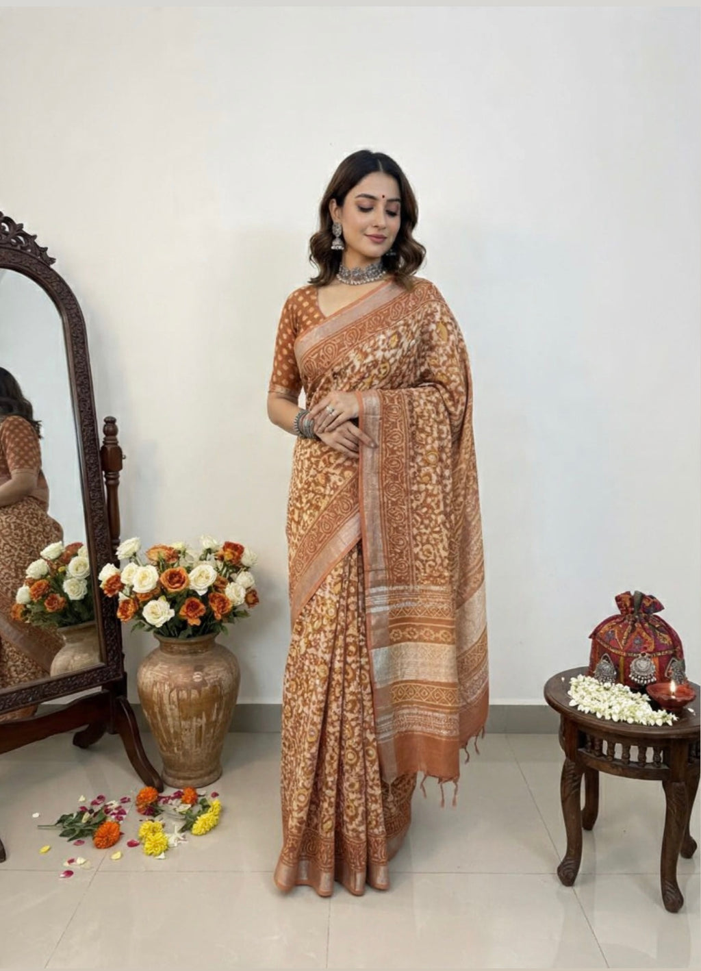 LINEN HANDLBLOCK PRINT SAREE 5.5 M