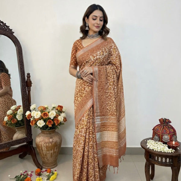 LINEN HANDLBLOCK PRINT SAREE