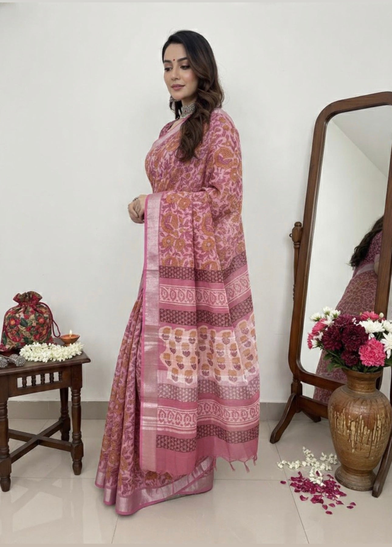 LINEN HANDLBLOCK PRINT SAREE
