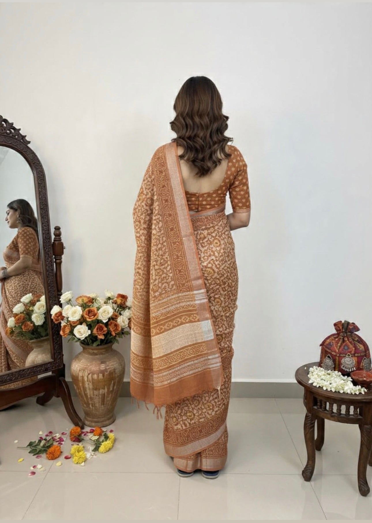LINEN HANDLBLOCK PRINT SAREE 5.5 M